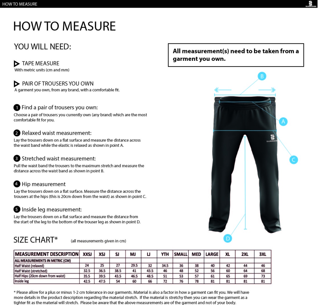 Wargrave CC - Dual Poplin Track Pant with Lycra - Unisex Fit - Size Guide