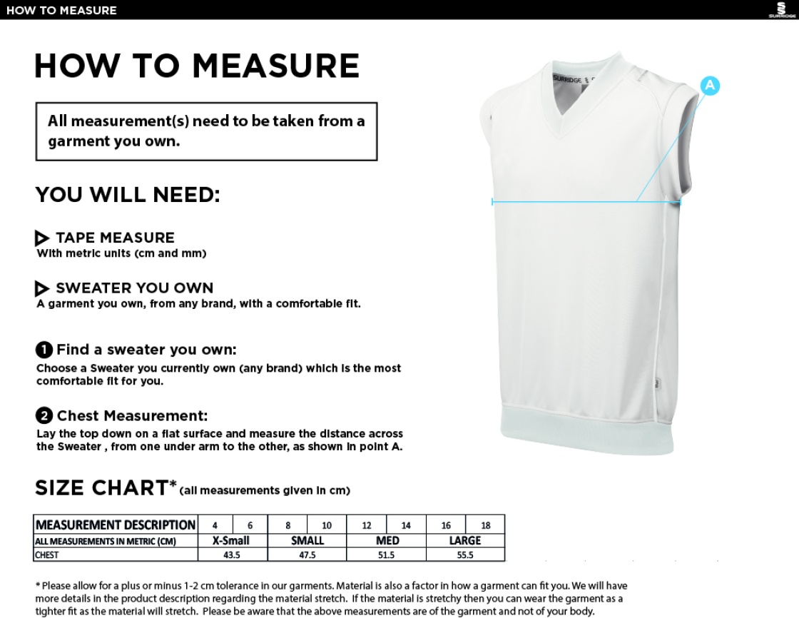 Wargrave Cricket Club Blast Sleeveless Women's Cricket Sweater - Size Guide