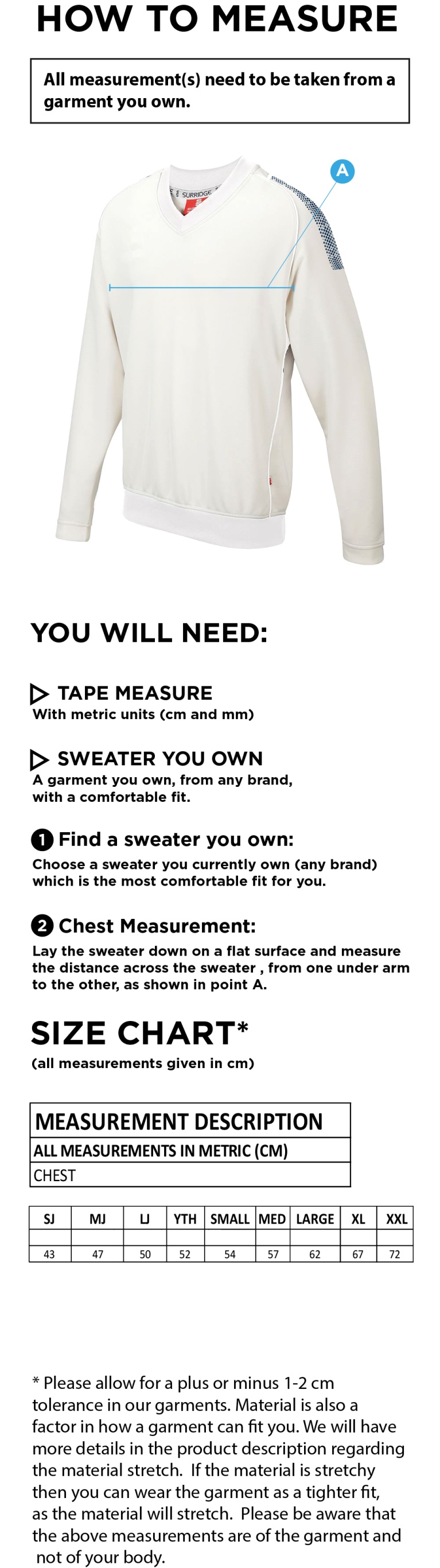 Wargrave Cricket Club Curve Long Sleeve Sweater - Size Guide