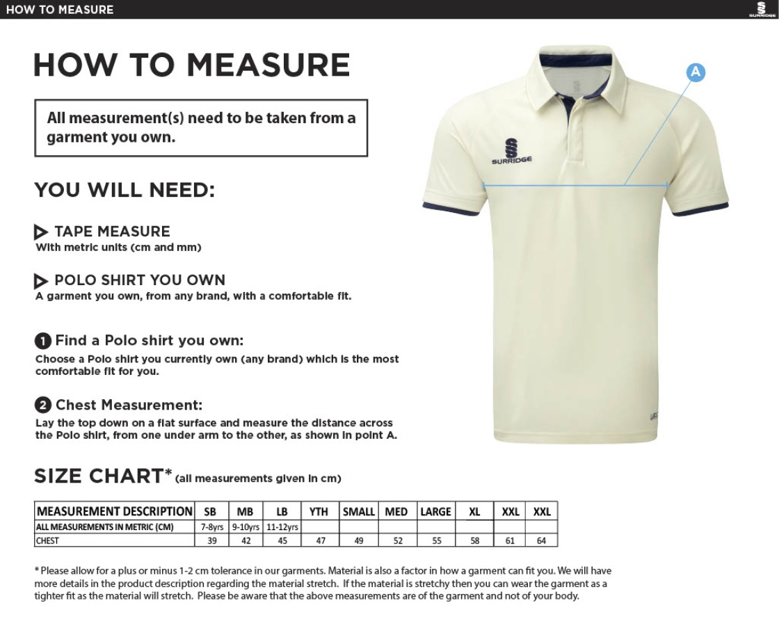 Wargrave Cricket Club Dual Short Sleeve Playing Shirt - Size Guide