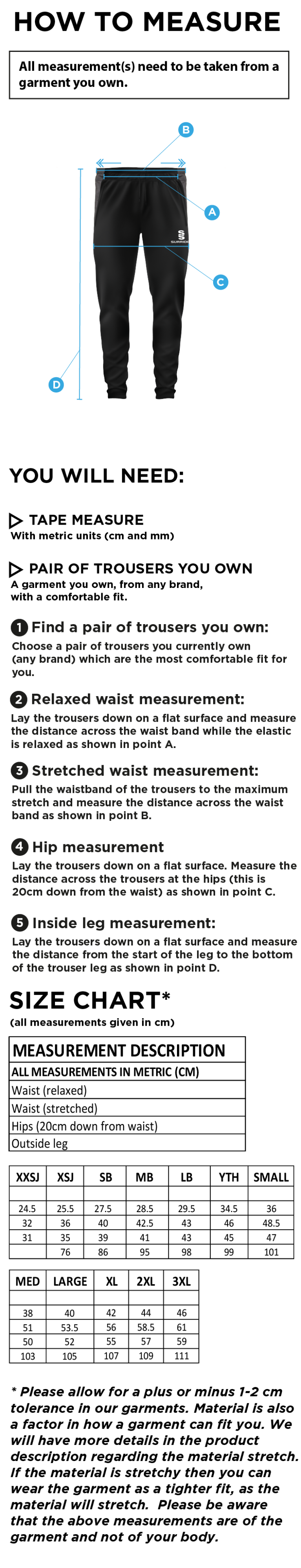 Wargrave Cricket Club Slim Training Pants - Size Guide