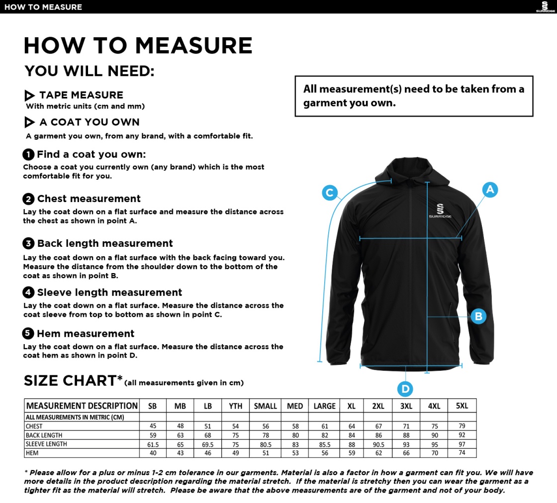 Wargrave Cricket Club Lightweight Full Zip Training Jacket - Size Guide