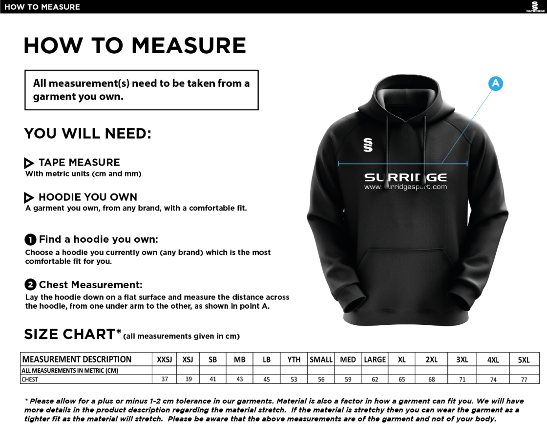 Wargrave CC - Fuse Hoody - Unisex Fit - Size Guide