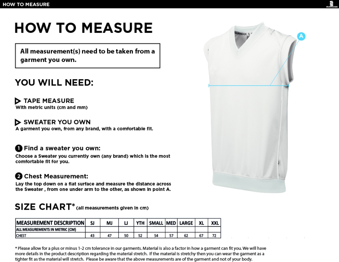 Wargrave Cricket Club Curve Sleeveless Sweater - Size Guide