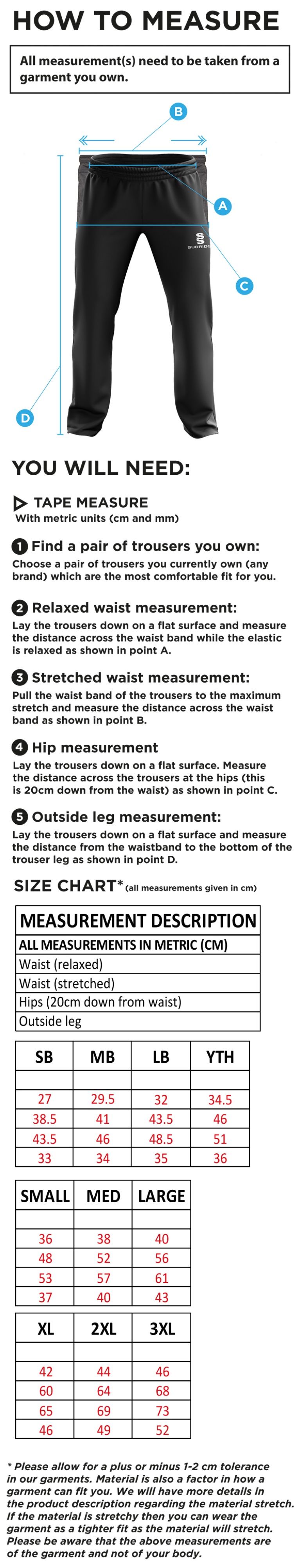 Wargrave Cricket Club Ripstop Track Pant - Size Guide