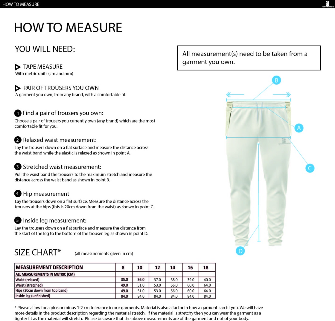 Wargrave CC - Tapered Fit Cricket Trousers - Women's Fit - Size Guide
