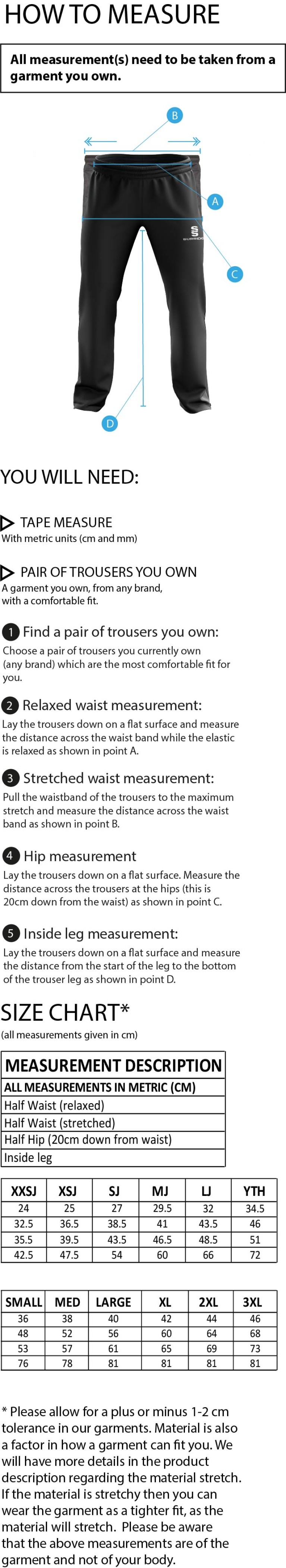 Wargrave CC - Dual Poplin Track Pant with Lycra - Unisex Fit - Size Guide