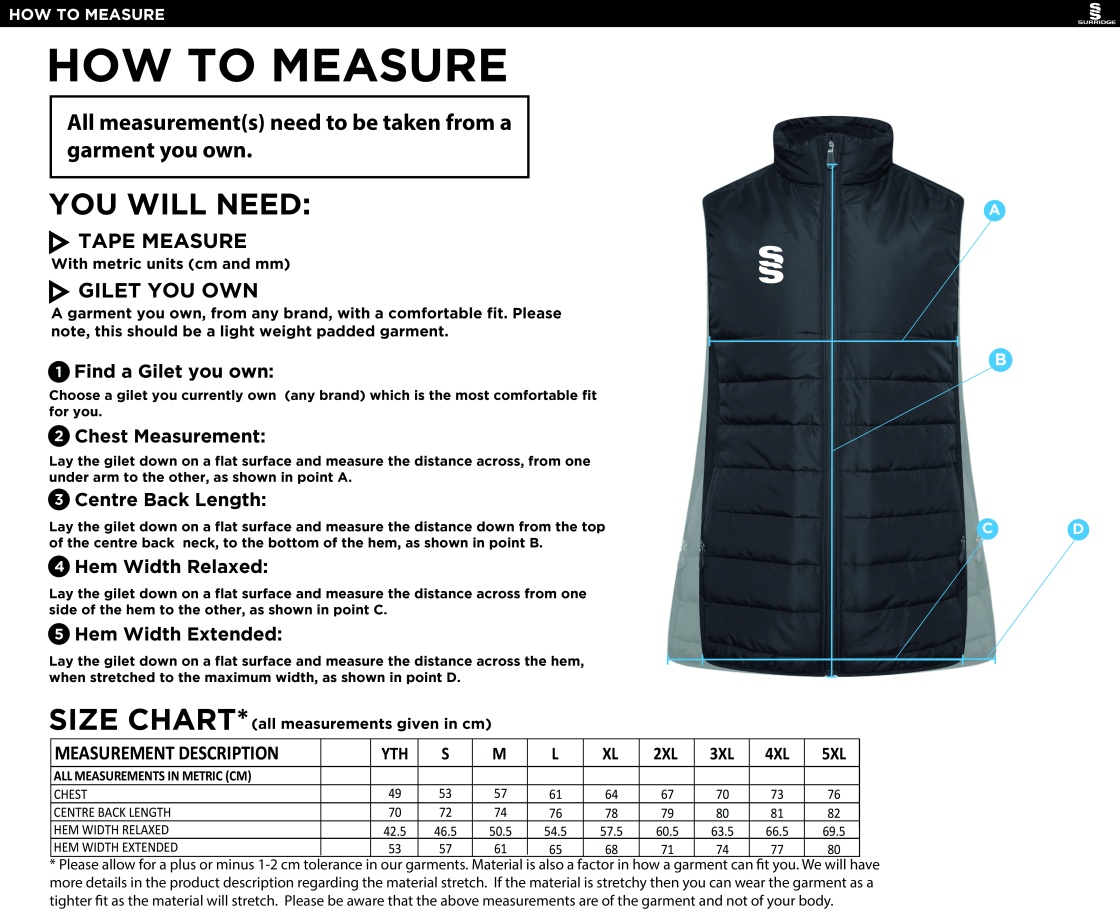Wargrave CC - Active Gilet - Unisex Fit - Size Guide