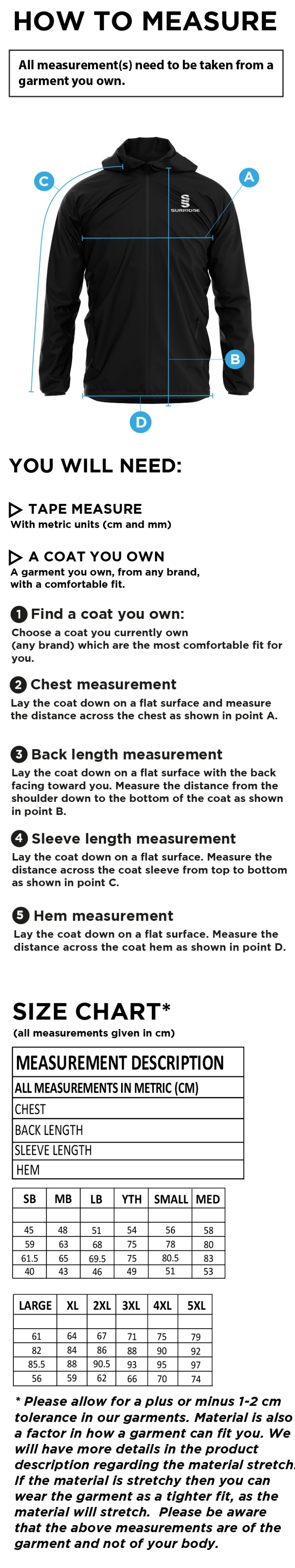 Wargrave Cricket Club Lightweight Full Zip Training Jacket - Size Guide