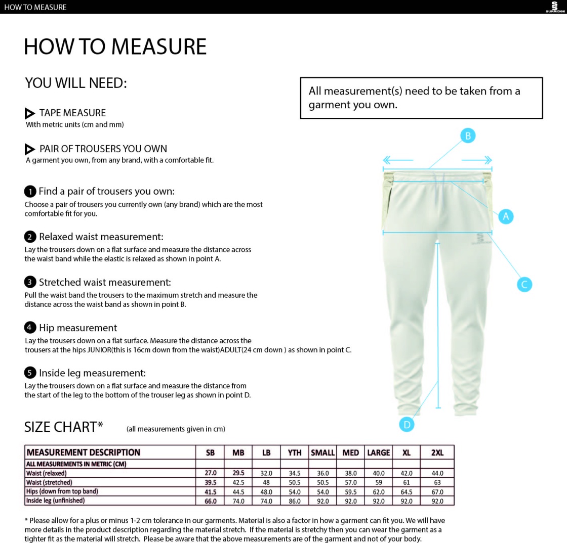 Wargrave Cricket Club Coloured Cricket Trousers - Size Guide