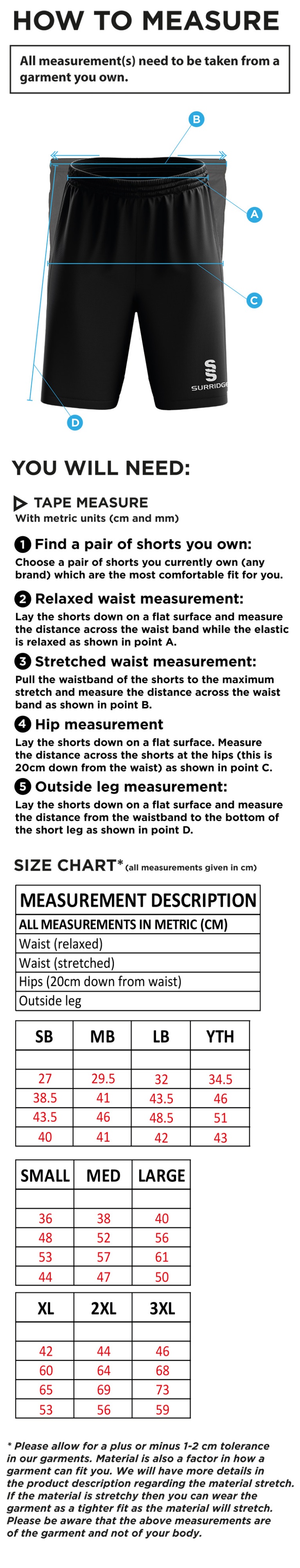 Wargrave Cricket Club Ripstop Leisure Shorts - Size Guide