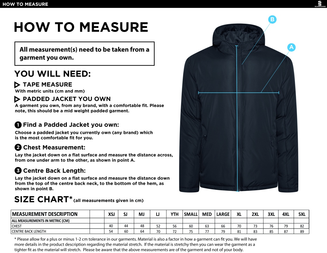 Wargrave CC - Active Padded Jacket - Unisex Fit - Size Guide
