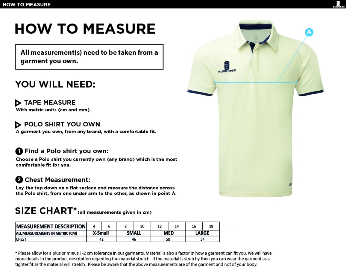 Wargrave CC - Dual Short Sleeve Playing Shirt - Women's Fit - Size Guide