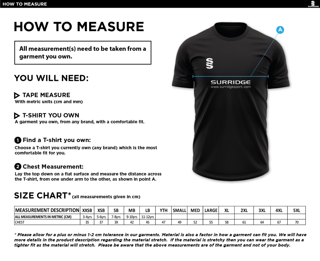 Wargrave CC - Active T-Shirt - Unisex Fit - Size Guide