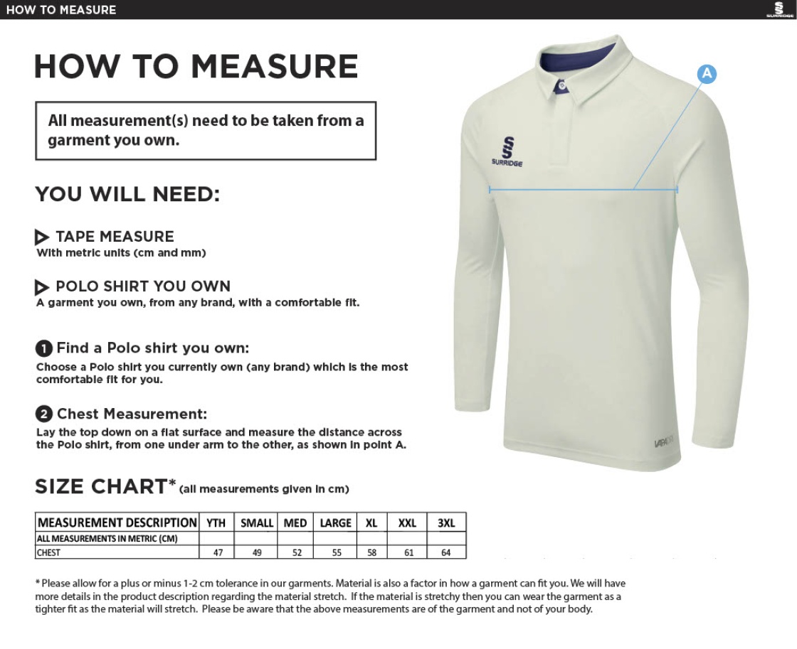 Wargrave Cricket Club Dual Long Sleeve Playing Shirt - Size Guide
