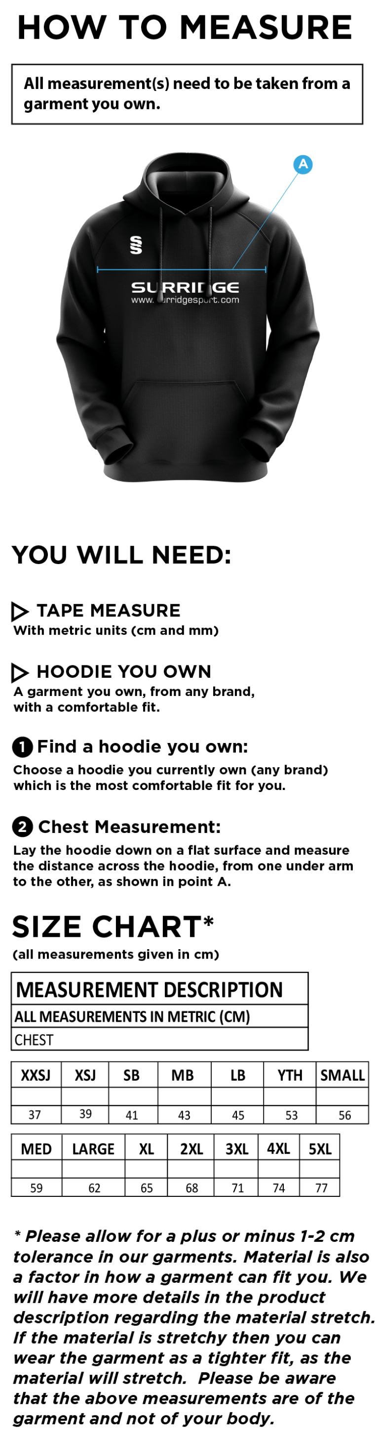 Wargrave Cricket Club Fuse Hoody - Size Guide