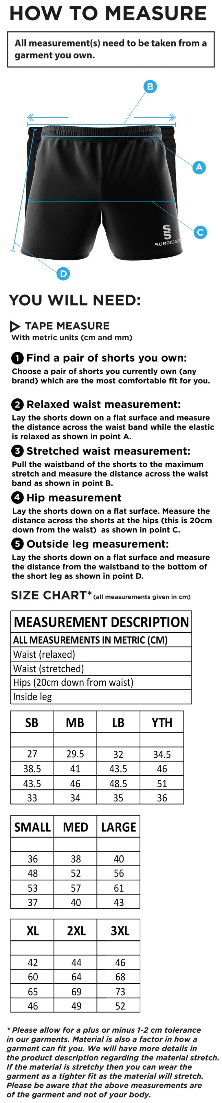 Wargrave Cricket Club Dual Gym Shorts - Size Guide