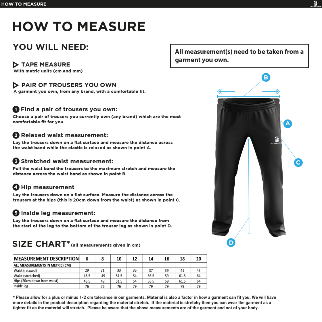 Wargrave CC - Dual Poplin Track Pant with Lycra - Women's Fit - Size Guide