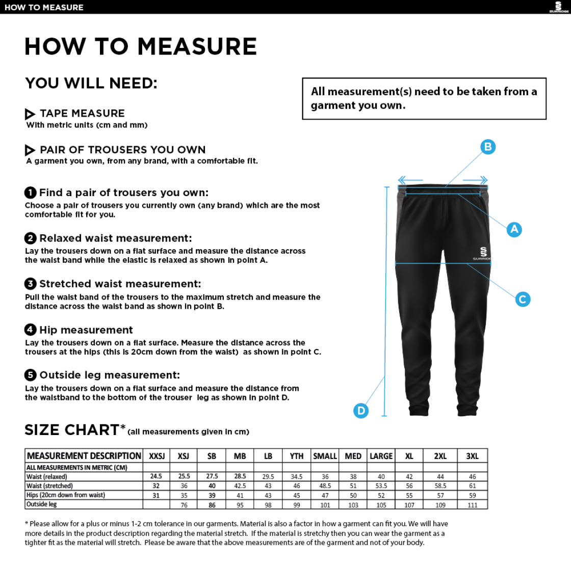 Wargrave CC - Tek Slim Training Pants - Unisex Fit - Size Guide