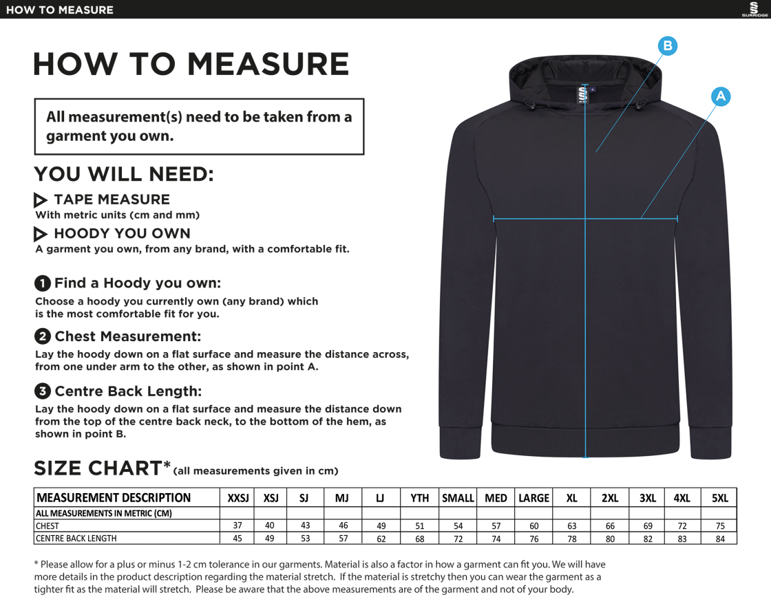 Wargrave CC - Active Hoody - Unisex Fit - Size Guide