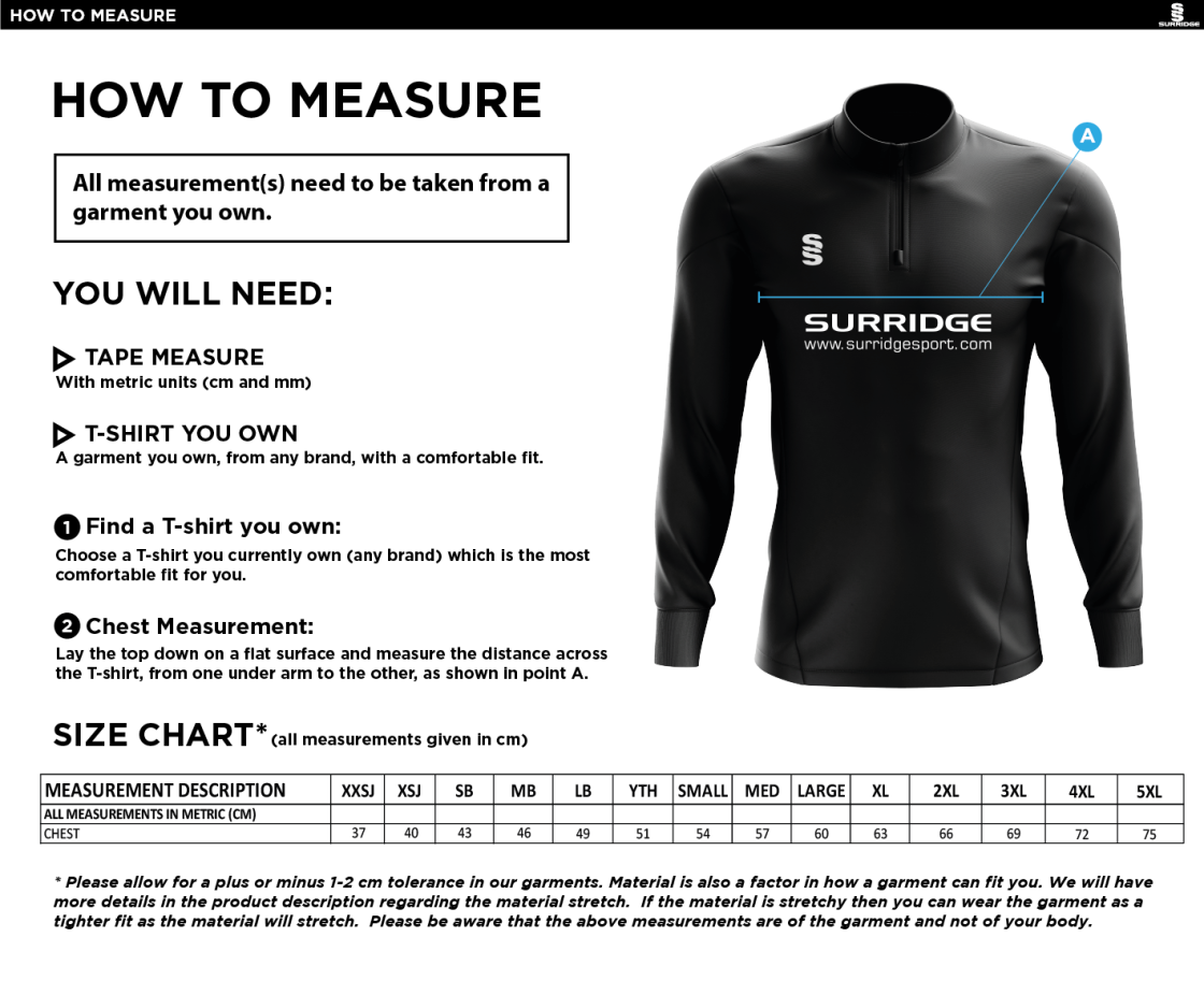 Wargrave CC - 1/4 Zip Dual Performance Top - Unisex Fit - Size Guide