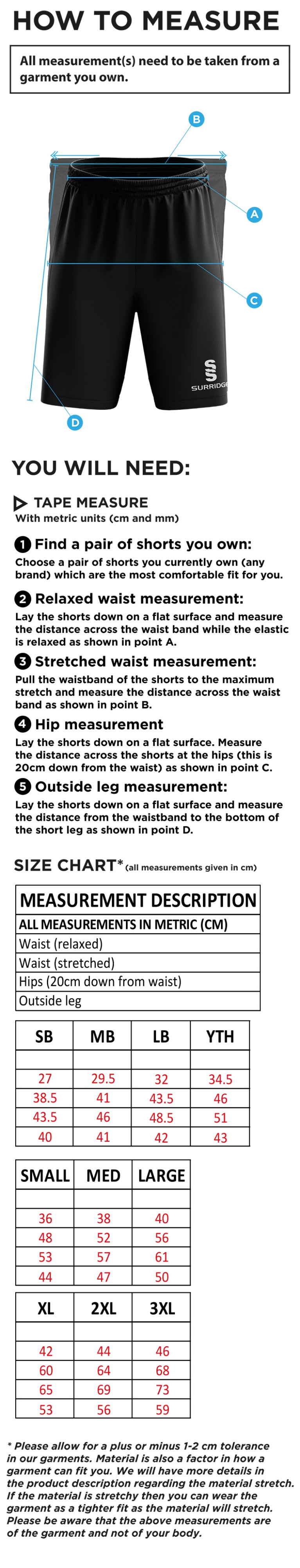 Wargrave Cricket Club Blade Training Shorts - Size Guide