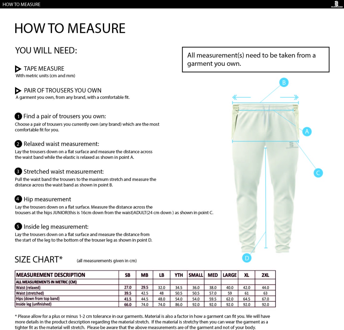Wargrave CC - Tapered Fit Cricket Trousers - Unisex Fit - Size Guide
