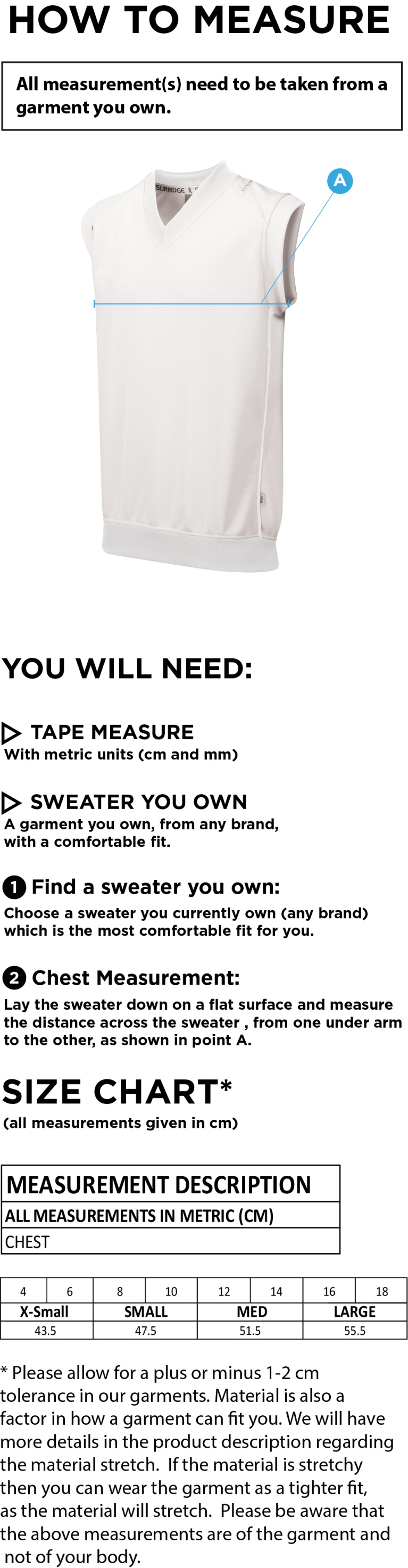 Wargrave Cricket Club Blast Sleeveless Women's Cricket Sweater - Size Guide