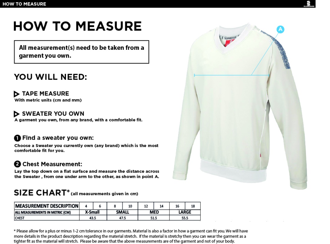 Wargrave Cricket Club Blast Long Sleeve Women's Cricket Sweater - Size Guide