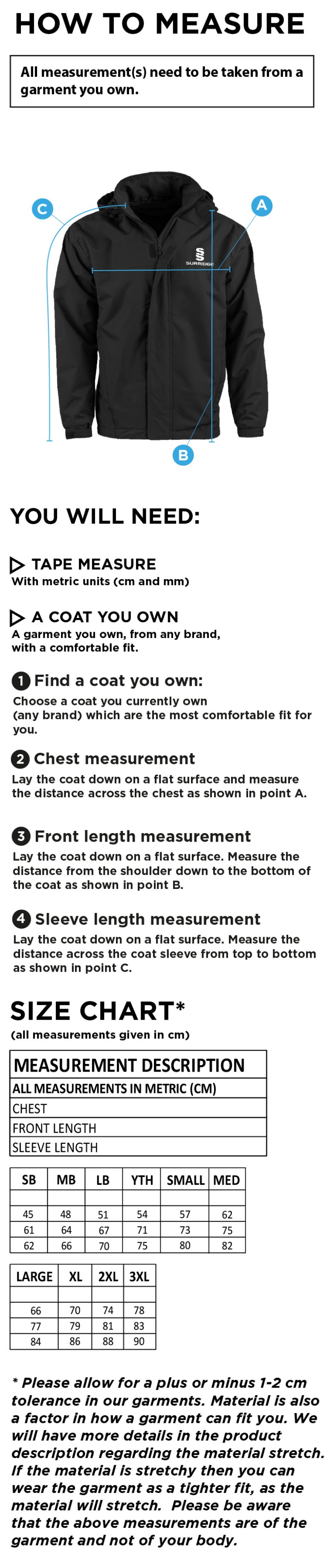 Wargrave Cricket Club Fleeced Line Jacket - Size Guide