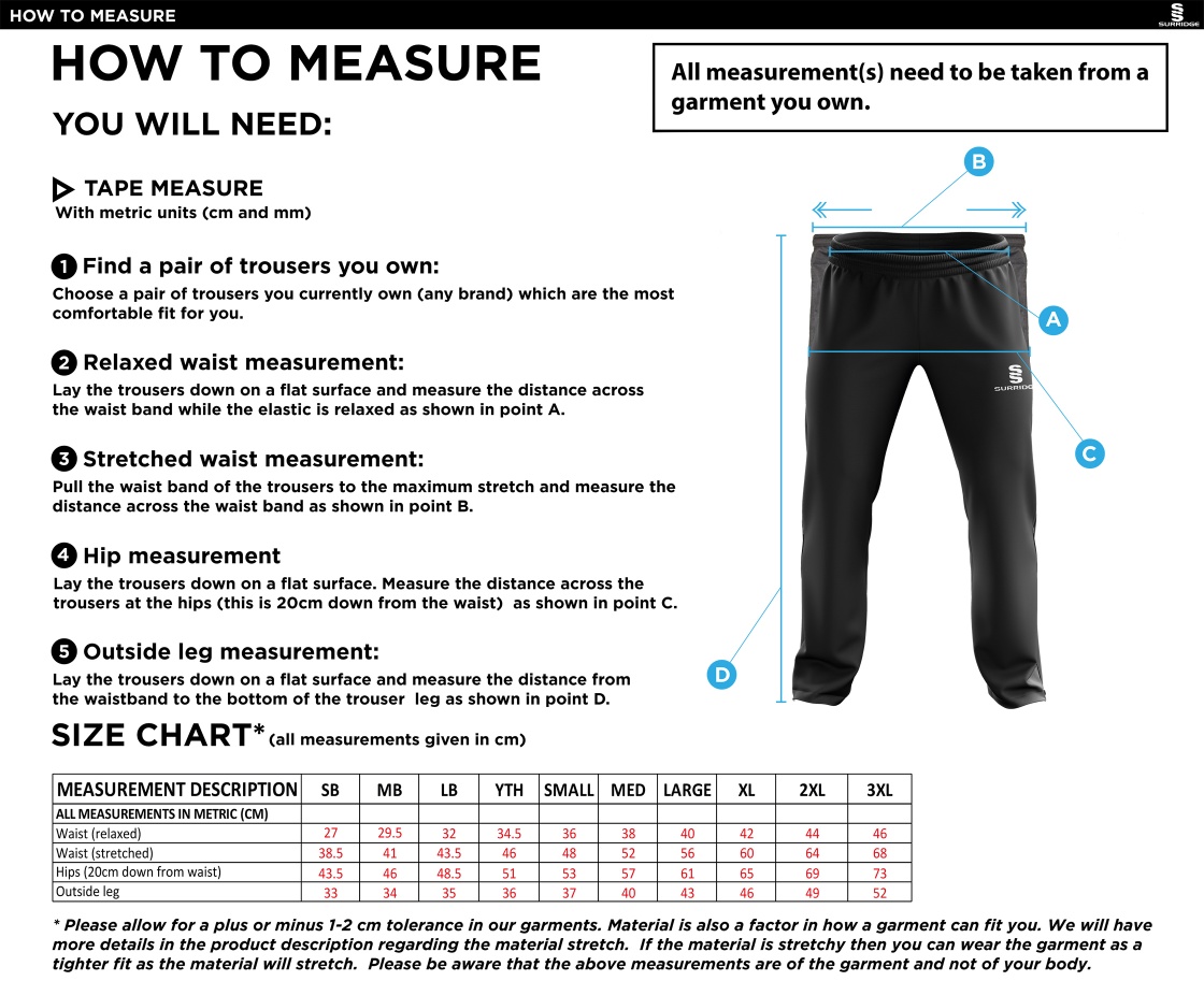 Wargrave Cricket Club Ripstop Track Pant - Size Guide