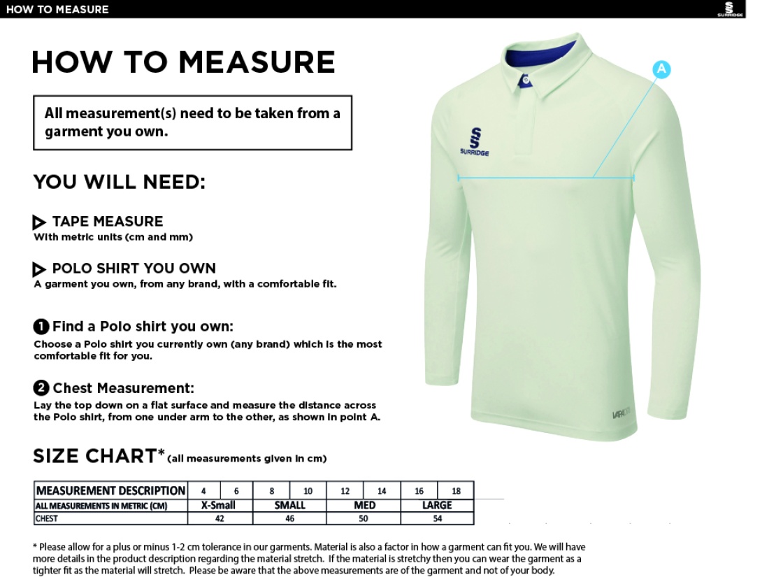 Wargrave CC - Dual Long Sleeve Playing Shirt - Women's Fit - Size Guide