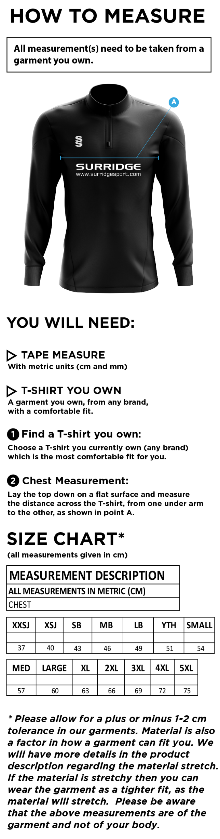 Wargrave CC 1/4 Zip Dual Performance Top :  Marl - Size Guide