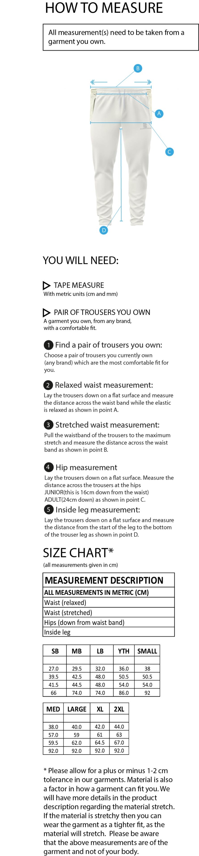 Wargrave Cricket Club Tapered Fit Cricket Trousers - Size Guide