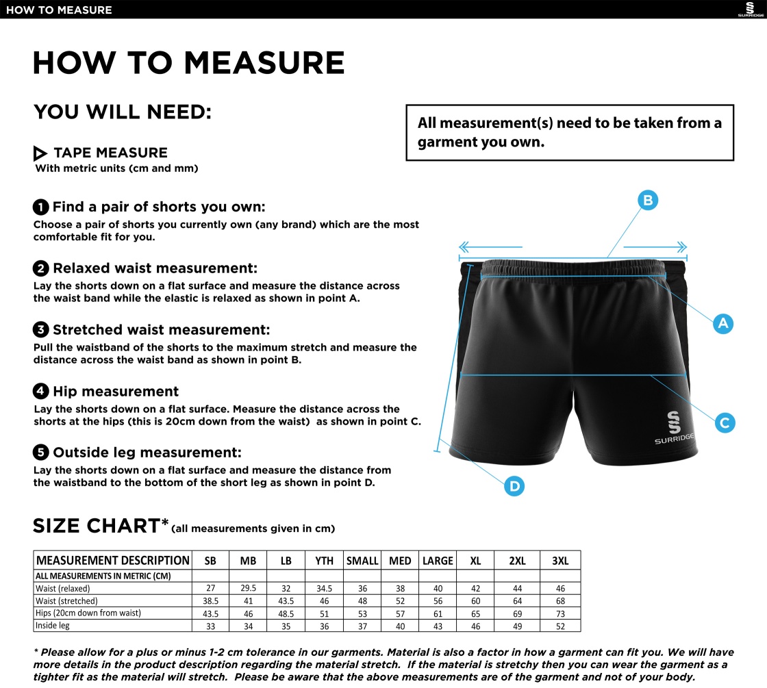 Wargrave Cricket Club Dual Gym Shorts - Size Guide