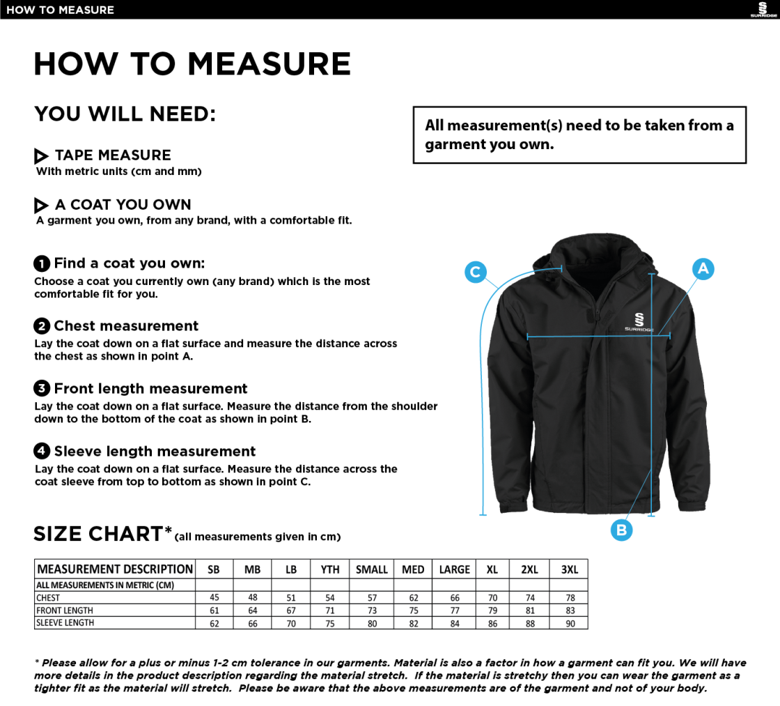 Wargrave CC - Fleeced Line Jacket - Unisex Fit - Size Guide