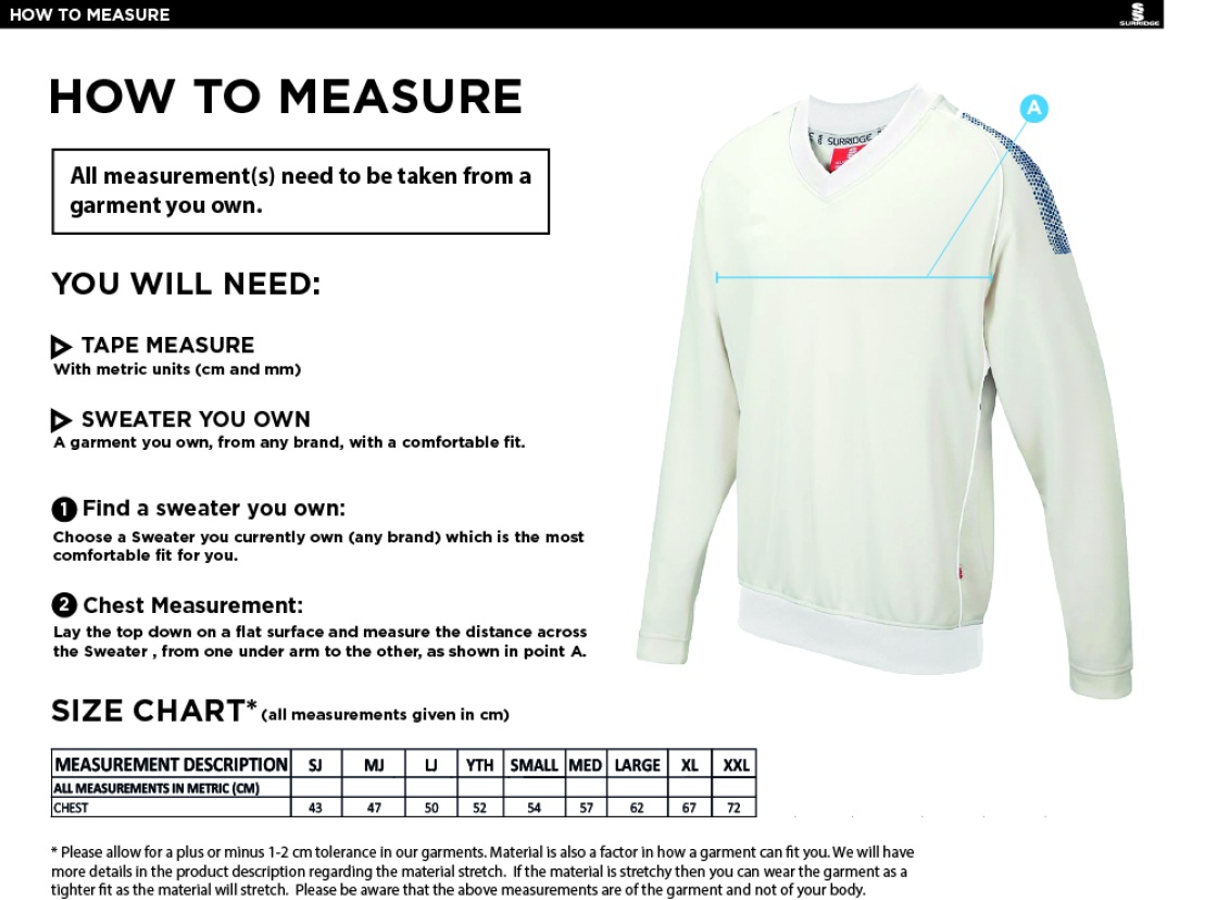 Wargrave Cricket Club Curve Long Sleeve Sweater - Size Guide