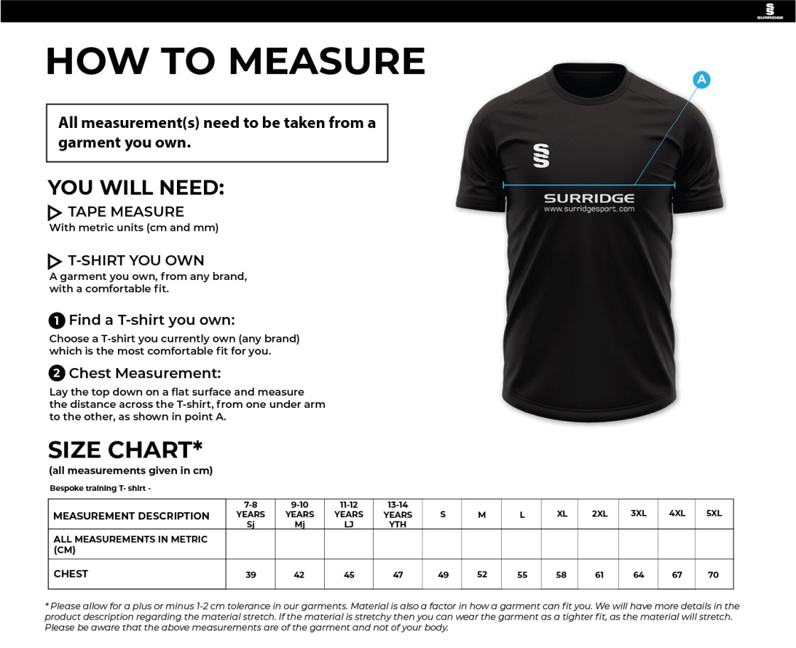 Wargrave CC - Impact T-Shirt - Unisex Fit - Size Guide