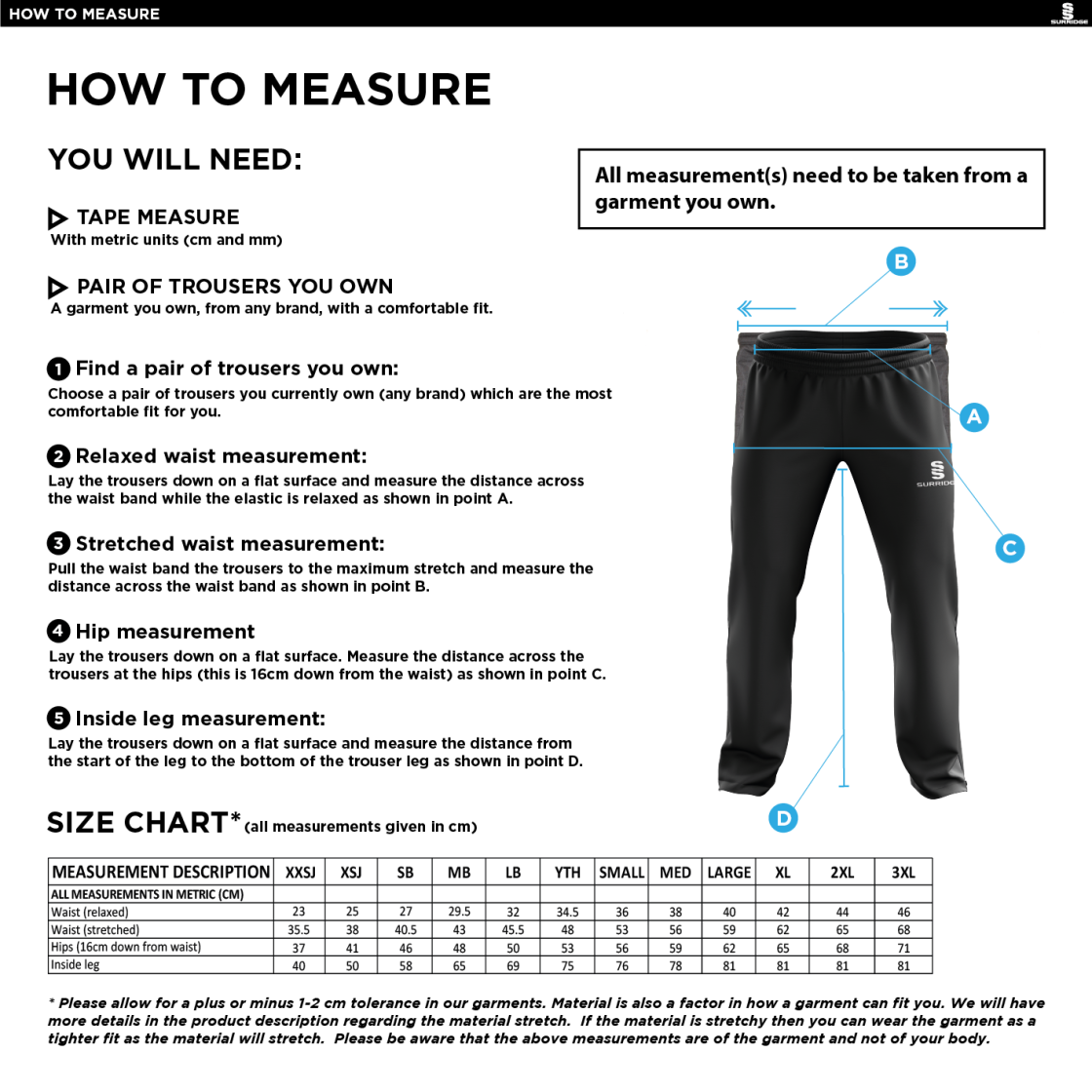 Wargrace CC - Poplin Track Pant - Unisex Fit - Size Guide