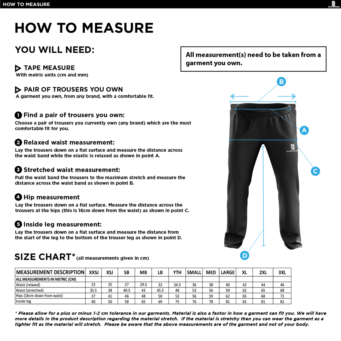 Wargrave Cricket Club Poplin Track Pant - Size Guide