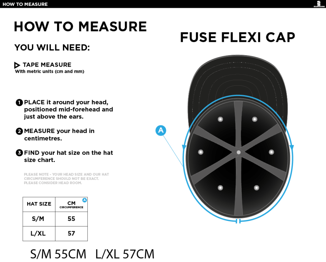 Wargrave CC - Fuse Flexi Cap - Black - Size Guide